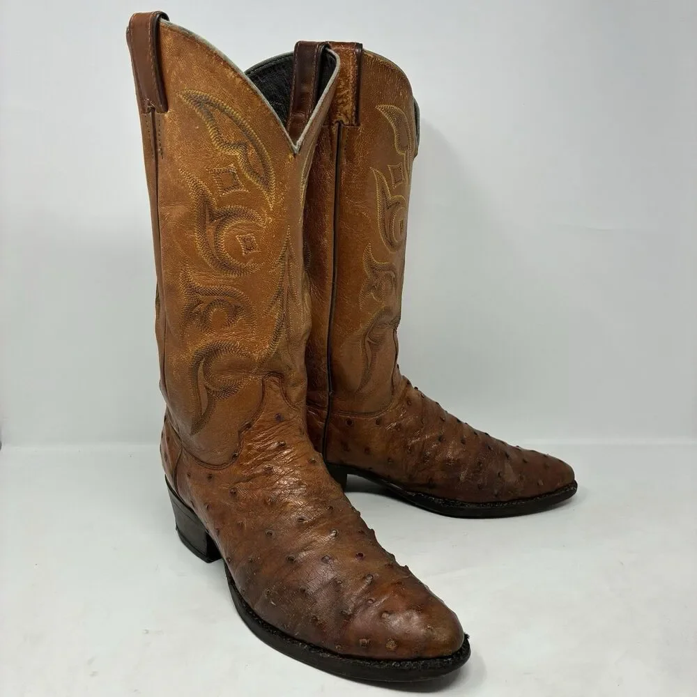 VGUC 8.5 D Justin Boots Full Quill Ostrich Cognac Tan Exotic Men's 8925 Vintage